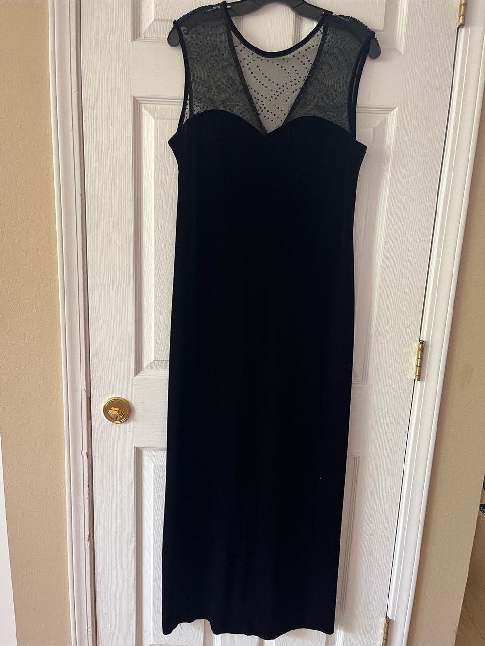 Elegant Black Velvet Maxi Dress with Sheer Polka Dot Yoke - Picture 1 of 5